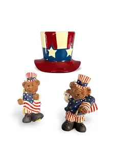EUC Vintage Set of 3 Independence Day Ceramic Figurines, 2 Bears, 1 Hat