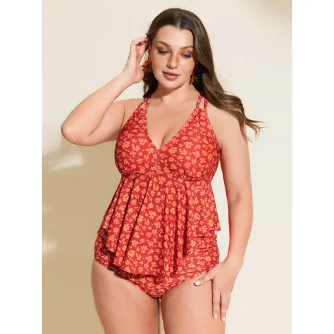 BloomChic Floral Print Fit And Flare Swim Top 【M-6XL】