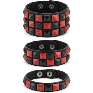 3 count Punk Bracelets Checkered Punk Leather Set Black  Adjustable Studded Cuff Bangle for Men Women
