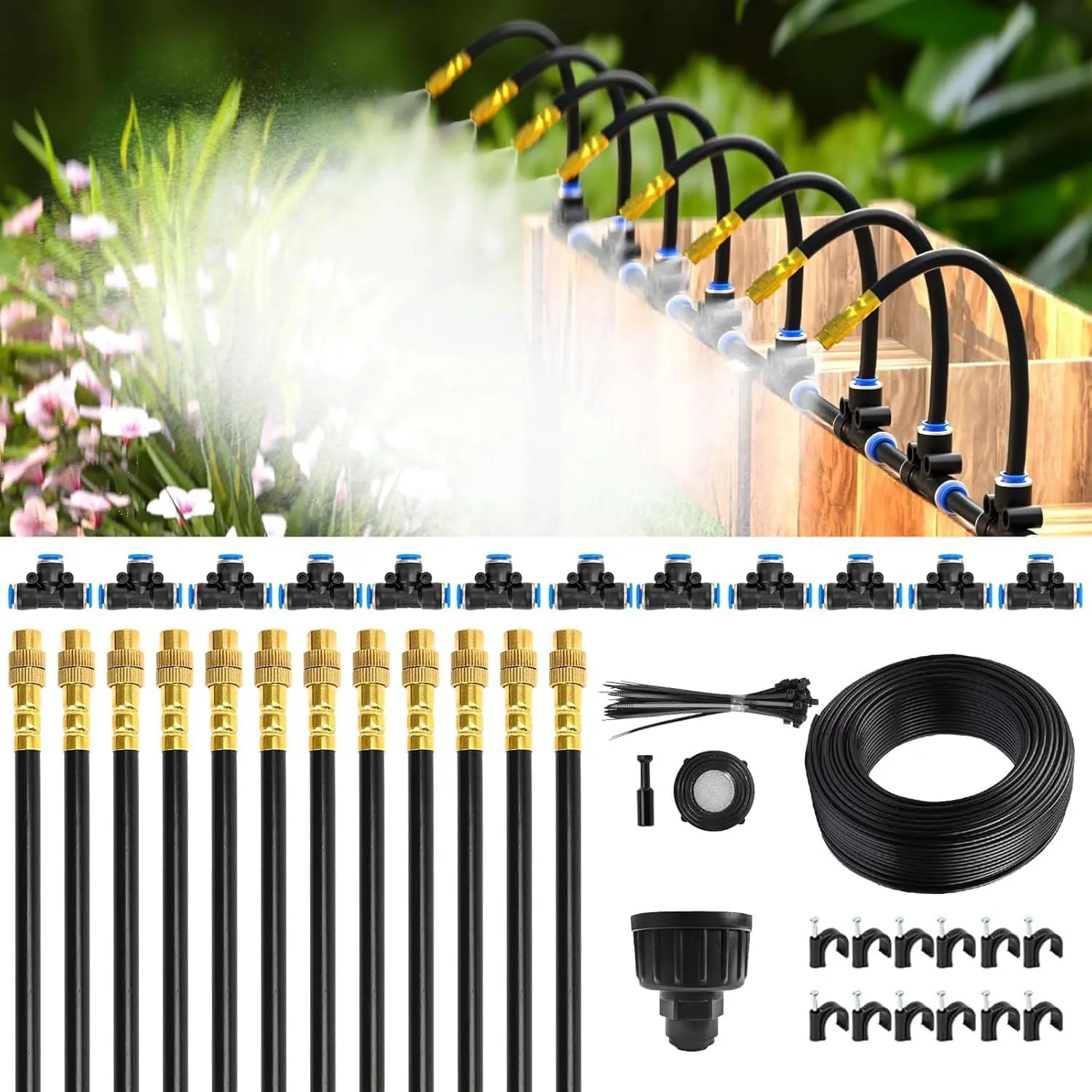 50FT Drip Irrigation System, Garden Watering Kit with 12 360° Adjustable Copper Nozzles, Automatic Irrigation System for Garden, Raised Bed, Potted Plant, Greenhouse, DIY Quick Connect Watering System
