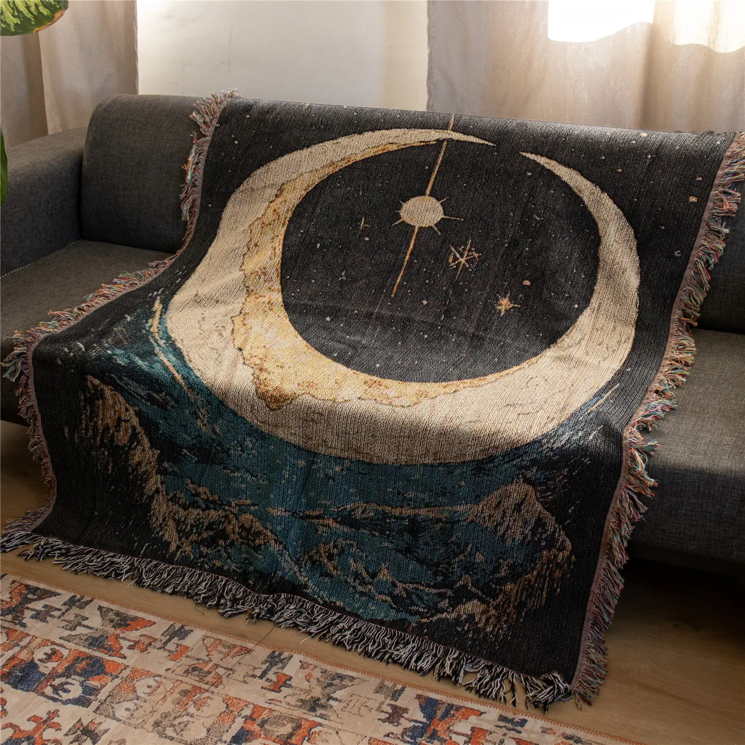 Big Moon Pattern Bohemian Yarn Jacquard Woven Blanket with Tassel, Boho, Thick Soft Washable Decorative Blanket, Used for Home Decor Sofa Chair Bed Tapestry Tablecloth Floor Garden Picnic Outdoor Camping, Boho Style Blanket