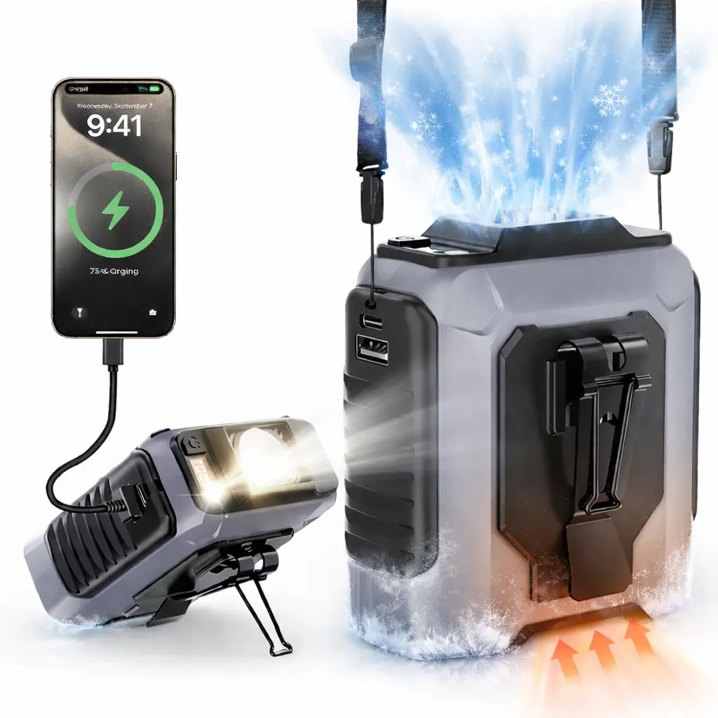Portable waist clip fan, 4-in-1 wearable personal fan, 5 speed settings with a maximum of 15,000 RPM, hands-free charging for smartphones, waist belt/neck strap/desktop fan, features dual clips and an LED light, ideal for outdoor work, camping, and travel