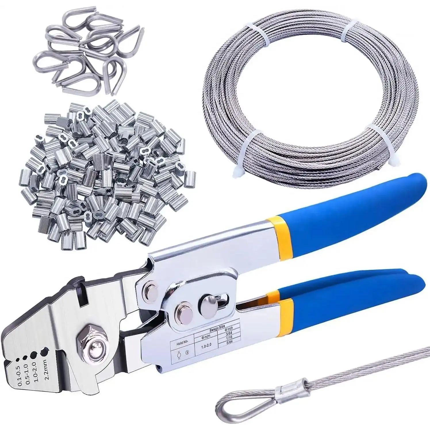 /Wire Rope Crimping Tool Up To 2.2mm Swaging Tool With 160 count 1/16''Aluminum Crimping Loop Sleeve And 66FT 1/16'' 304 stainless steel Wire Rope 12 count Wire Rope Thimbles Kit