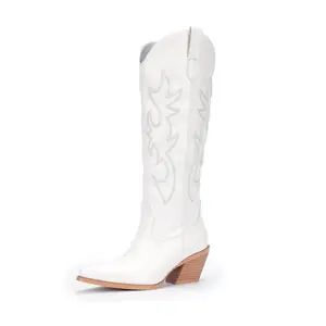 Women's Western Cowboy Boots -Wide Calf Knee-High Cowgirl Boots with Classic Embroidery, Slip-On Pointed Toe, Chunky Heel, Retro Fashion Tall Boots for Fall Fashion White fall boots