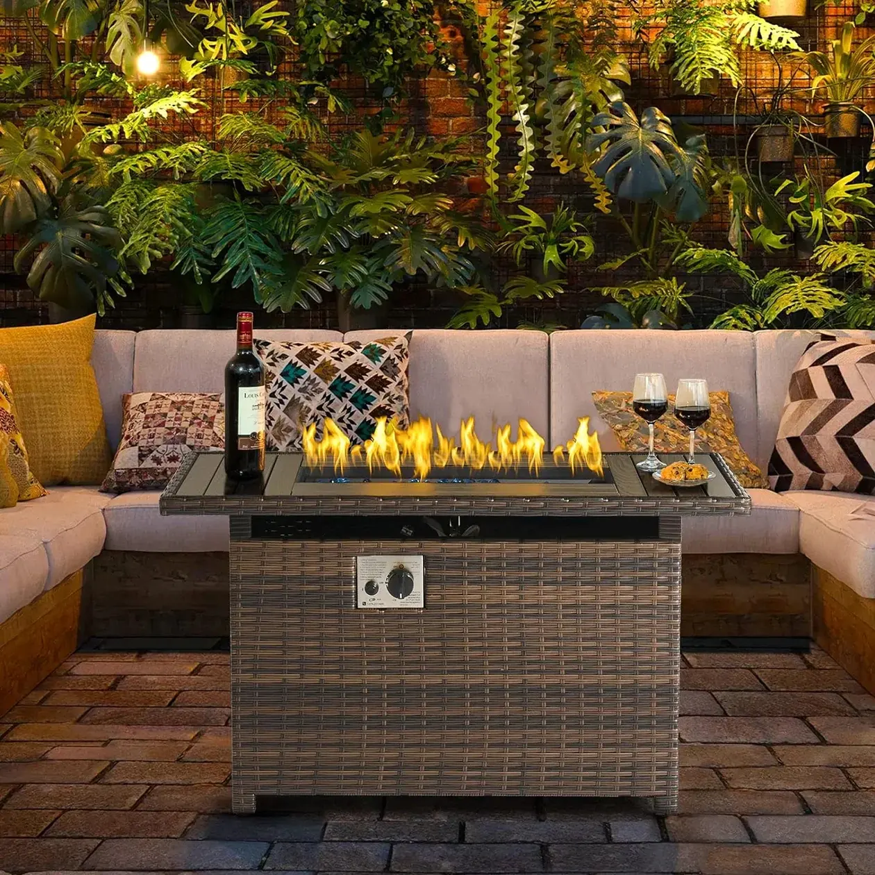 Aoxun Propane Fire Pit Table– 48,000 BTU Outdoor Gas Fire Pits with Removable Lid & Waterproof Cover, Fire Glass Rectangle Gas Firepit Table for Outside Patio Black