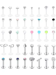 40 Pcs Silvery Forward Helix Monroe Labret Lip Nose Piercing Studs for Men Women Clear Acrylic Stainless Steel Tragus Cartilage Earring Studs, Nose Piercing Jewelry, Glistening CZ Sweet Piercing Set Styles for Daily Wear