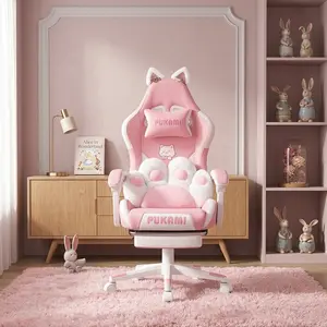 Kawaii Cat Ear Gaming Chair Pink White PU Leather Ergonomic Reclining Chair With Cat Paw Lumbar Pillow Retractable Footrest Height Adjustable Game Chair Gift Decor for Girls