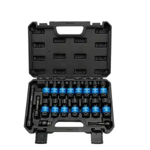 19pcs 3/8" Drive Universal Impact Socket Set, 19 Pieces CR-MO Swivel Socket Set, Metric(8-22mm) Wobble Sockets 6 Point with Extension Bars, Adapter and Black Organizer