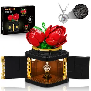 HOGOKIDS Flower Box Building Set with LED Light & Necklace, Preserved Roses with Heart Necklace I Love You Gift for Her Mom Wife Girlfriend on Birthday Valentines Mothers Day Anniversary(312 PCS) Magical