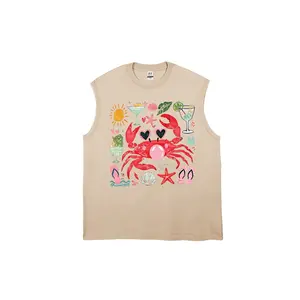 Retro Washed Crab Beach Vibes Tank Top - Vintage Summer Graphic Sleeveless Top, Unisex Casual Washed Vest for Men & Women, Trendy Coastal Vacation Tank with Sun, Cocktail & Flip Flop Print