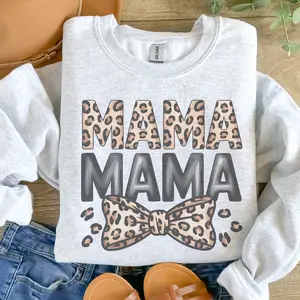 Mama - Mama Stacked Bow With Leopard Sweatshirt - Ash Grey - Unisex Jersey Sublimation Design Vintage Style Comfortable Everyday Wear