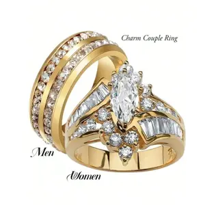 14k Gold Plated Fashion Olive Cut Cubic Zirconia Couple Rings for Women and Double Row Stone Rings for Men, Couple Jewelry for Wedding, Engagement and Gift