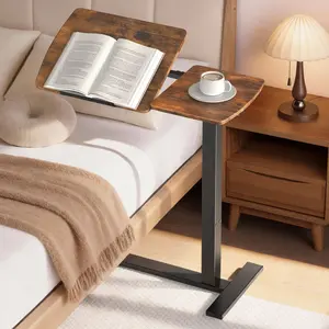 Minimalist Bedside Table, Rustic Brown Metal & Wood Nightstand, Mid-Size End Table for Small Spaces Bedroom