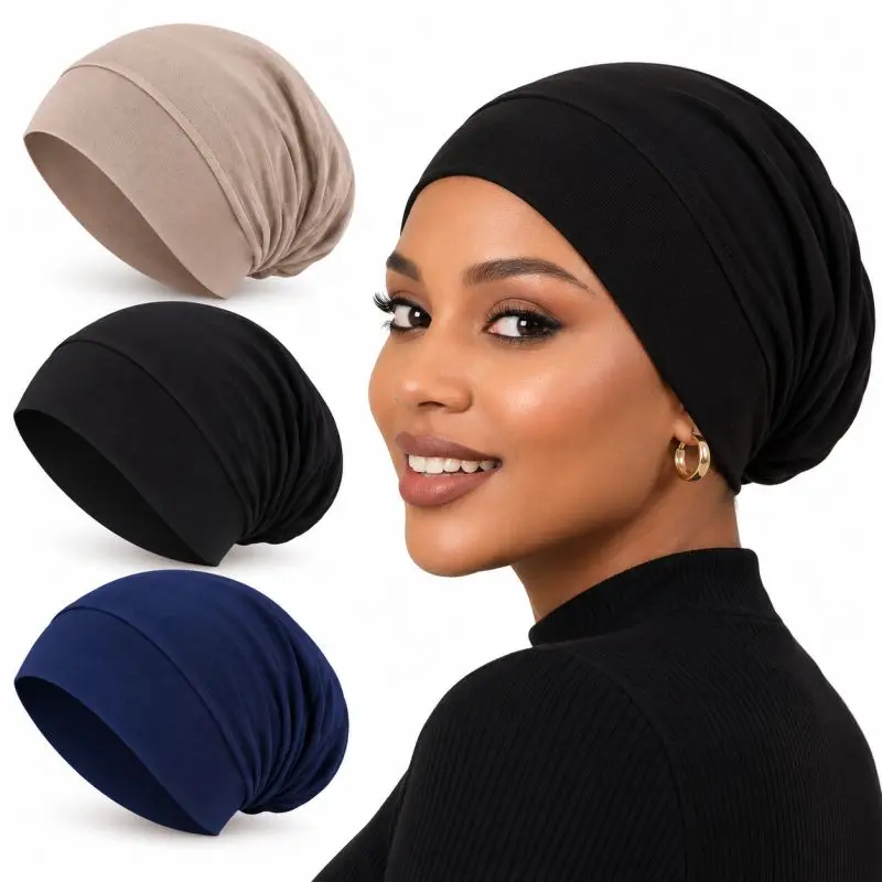 Humwam 3 Pack Women Solid Jersey Hijab Flat Top Cap, Lightweight Breathable Muslim Inner Headscarf, Matches Abaya, All Seasons Daily Wear