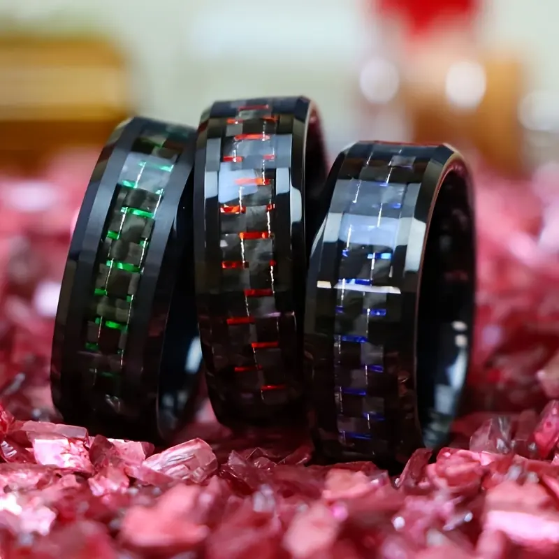 [Black Tungsten Rings] 3pcs Black Tungsten 8mm Rings Set |   316L Stainless Steel, Gun Black Plated, Carbon Fiber Inlay, Non-Magnetic, Business Style - Anniversary, Valentine's, Mardi Gras, Father's Day Gifts
