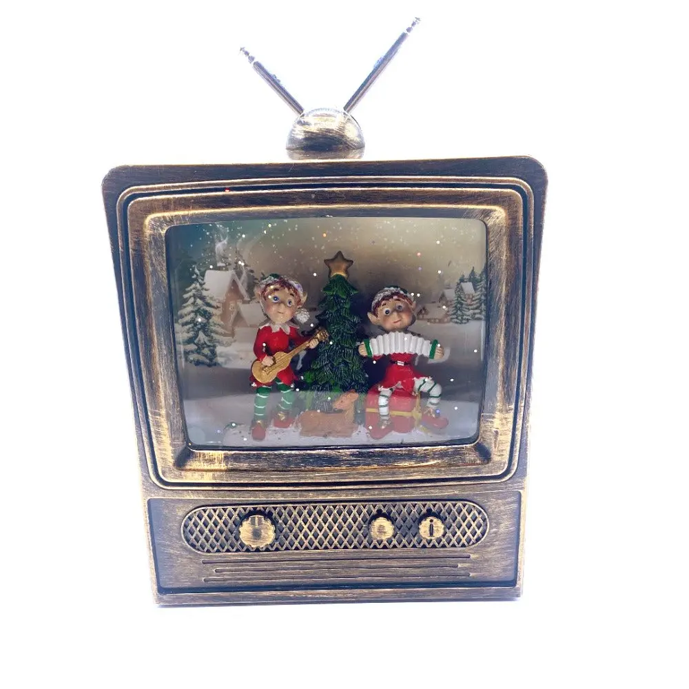 10" Retro TV Water Snow Globe with Musical Elves - Vintage Christmas Decoration