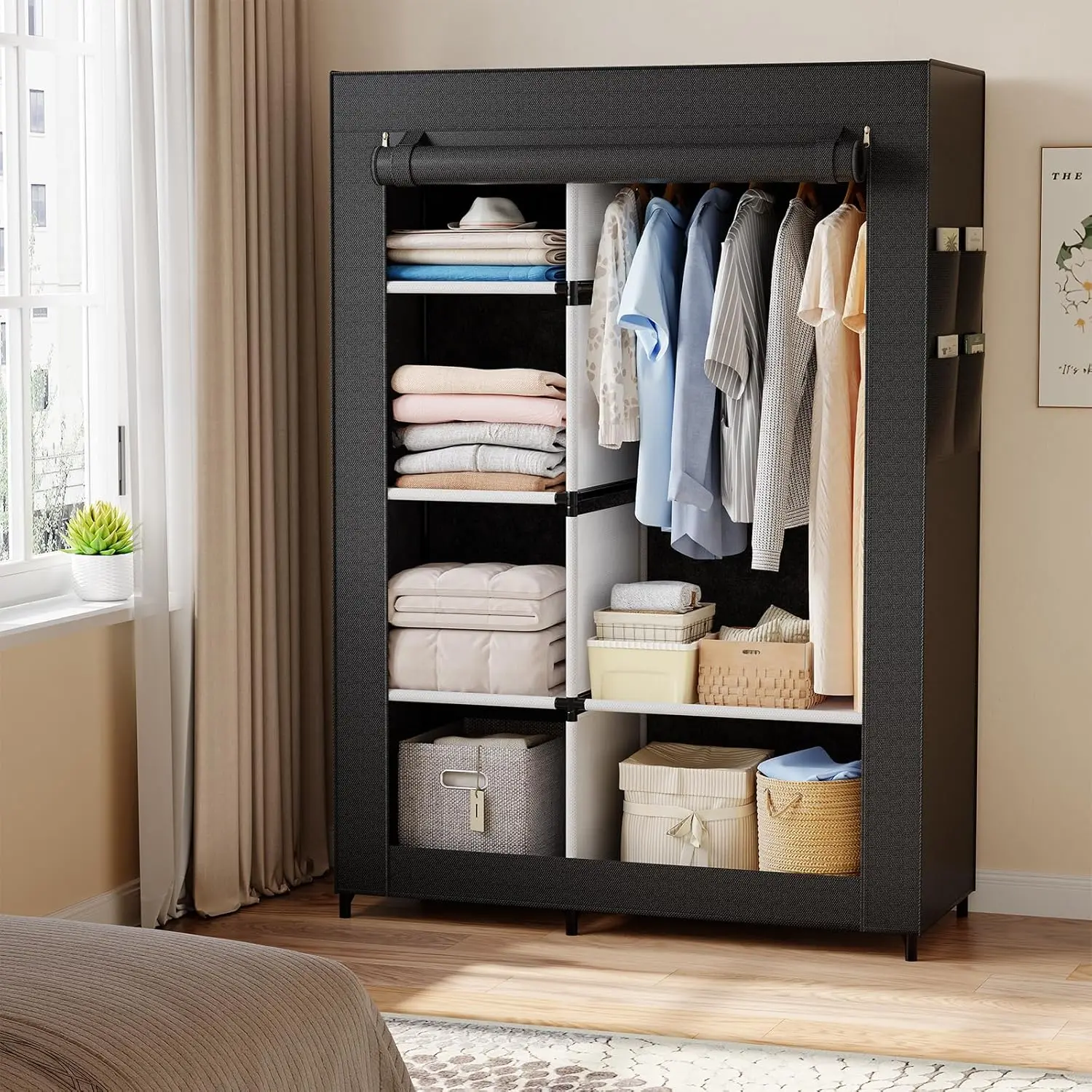 64.2" Portable Closet Wardrobe, Garment Rack with Cover & Multi-Tier Shelves, Compact Clothes Storage Solution for Small Spaces #ClothesRack