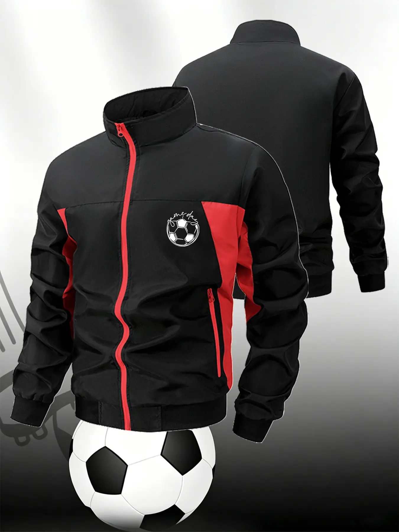 Men Contrast Panel Athletic Track Jacket Soccer Game Day Print Stand Collar Long Sleeve Full Zipper Soccer Training Running Outerwear Casual Outdoor Sports Fitness Coat