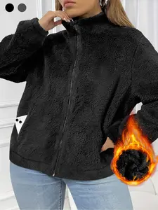 Autumn Winter Casual Loose High Neck Zippered Jacket Coat with Pockets, Fluffy Fleece Lined, Long Sleeve, Plus Size, Plain Pattern