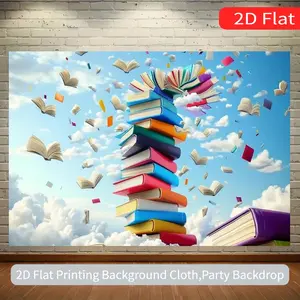 2D Flat Book Stack Backdrop Banner - 1pc Polyester Soft Fabric Party Decorations Banners, Durable, No-Electricity Needed, Easy Setup for Literary Birthday, Classroom Book-Themed Events