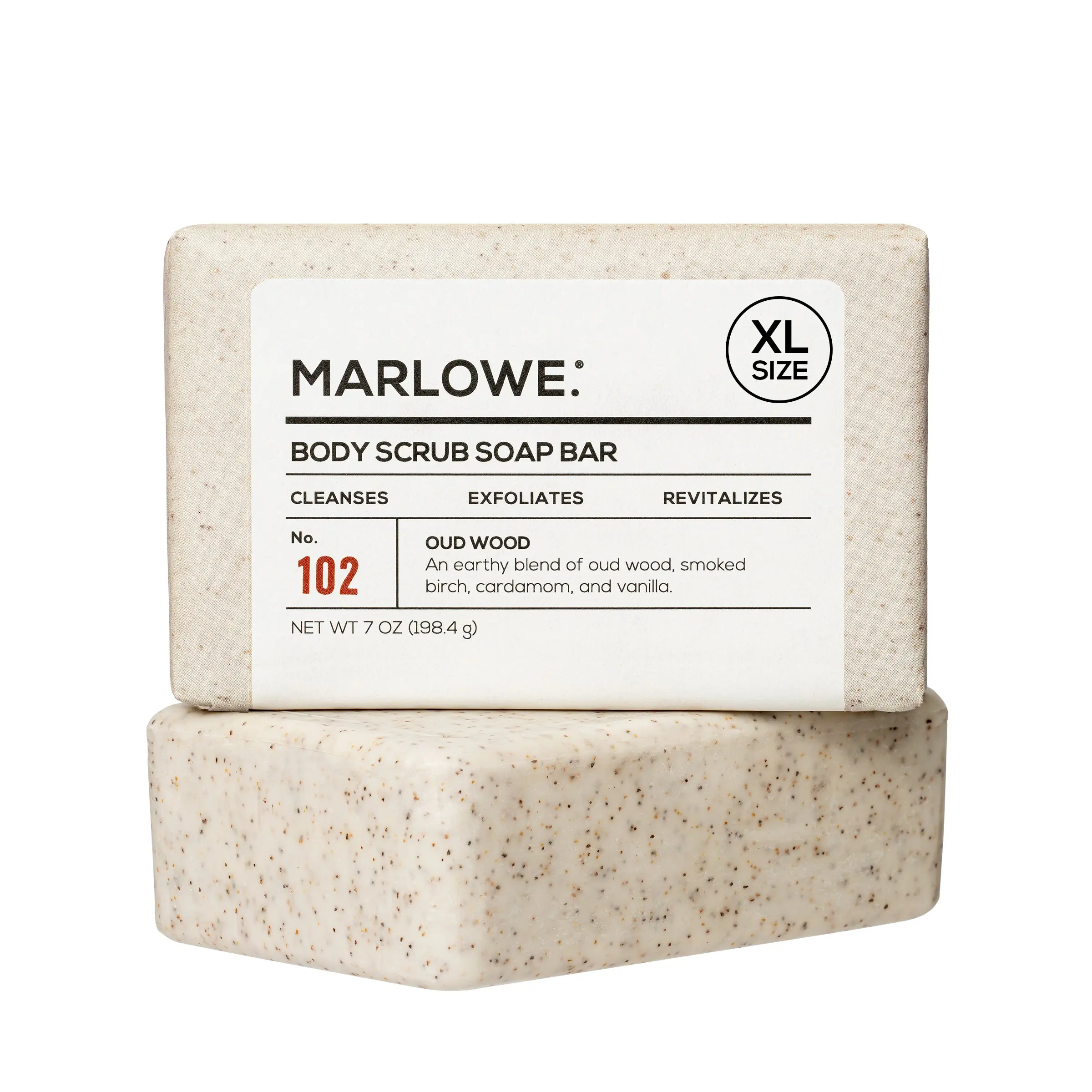 MARLOWE. No. 102 Men's Body Scrub Soap 7oz, Earthy Oud Wood Scent, Best Exfoliating Bar, Made with Natural Ingredients, Apricot Seed Powder, Shea Butter, Olive Oil, Green Tea Extracts Blend Comfort Vanilla Cleansing Smooth Fragrance