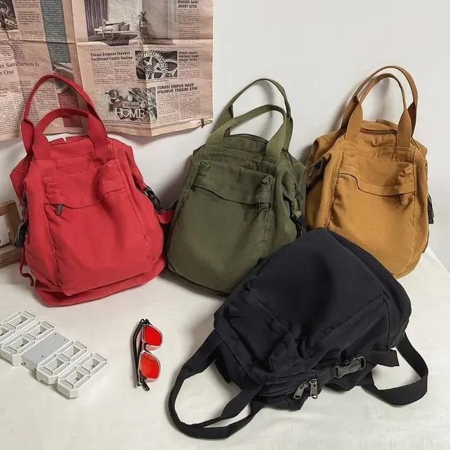 Women's Boho Vintage Canvas Backpack, Solid Color Waterproof Casual Daypack with Double Top-Handle & Multi-Zipper Pockets for Commuting, Travel, Casual Daypack Backpacks