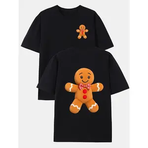 Delivered after Christmas-Fashion Casual Men's Black Gingerbread T-Shirt Short Sleeve Double-Sided Print Gingerbread Cookie Icing Sprinkles Relaxed Fit Christmas Top
