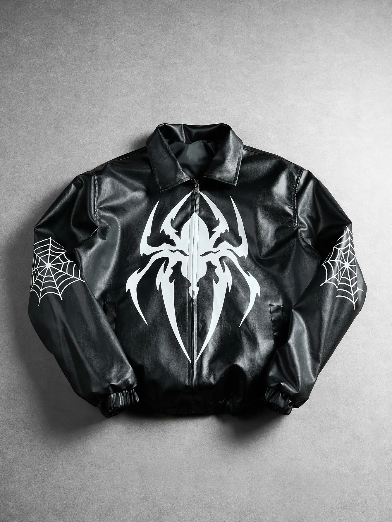 Men’s dark spider print jacket with turn-down collar and web-patterned sleeves, American subculture cool-style cropped zip-up jacket