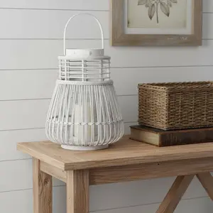 360 stand 15 in. White-Distressed Woven Manufactured Wood Centerpiece Lantern Candle Holder, Rustic Home Decor Accessory, Home Goods Item, Ideal Wedding Gift, Decoration