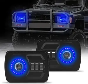2Pcs Rectangle 5×7 7×6 Inch LED Headlights with Halo DRL & Turn Signal High/Low Beam,Compatible For Cherokee XJ Wrangler YJ GMC Dodge Kenworth T300 Replacement H6054 H5054 6052 (Blue Halo)