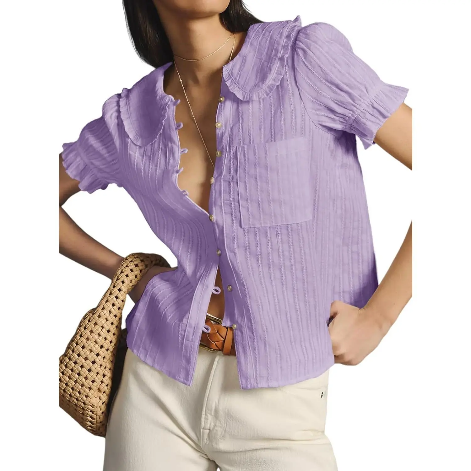 Imily Bela  Womens Puff Sleeve Shirts Peter Pan Collar Button Down Cotton Blouse Casual Summer Textured Top