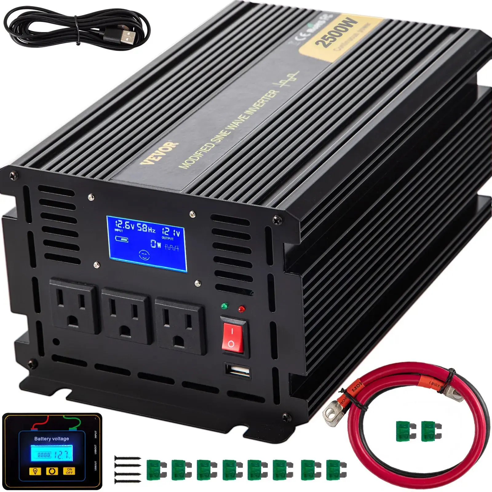 VEVOR 2500W Modified Sine Wave Portable Power Inverter - 12V DC to 120V AC Car Home Model with LCD Display, Remote Controller, LED Indicator, AC Outlets - Emergency Kit, Father's Day Gift for Truck, RV Travel