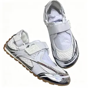 Women's White Silver Mesh Ballet Style Sneakers - Lightweight Breathable Mary Jane Flats with Velcro Strap, Trendy Casual Streetwear Shoes Fashion White Silver Mesh Athleisure Flats - Comfortable Slip-On Mary Jane Sneakers for Women, Non-Sl
