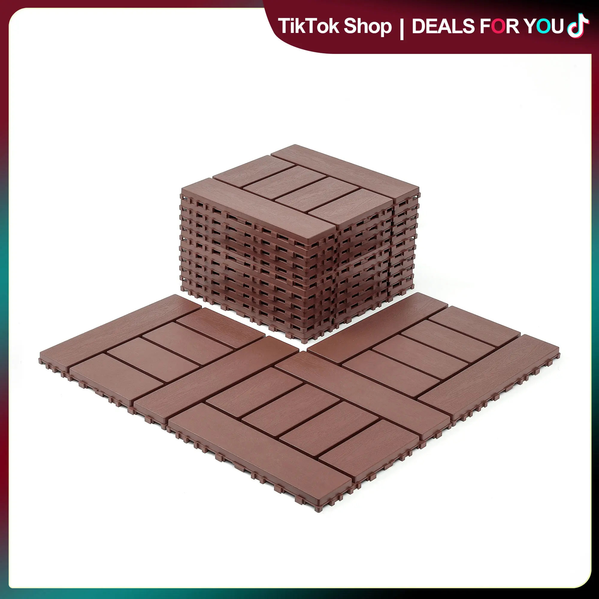 Brown Interlocking Deck Tiles, 44-Pack 12"x12" Waterproof WPC Flooring - Heavy-Duty Build, Better Stability, All-Weather, Reinforced High-Gloss Water-Based Epoxy Paint, Foam Marble Frameless Design for Pools, Patio Deck, Porch