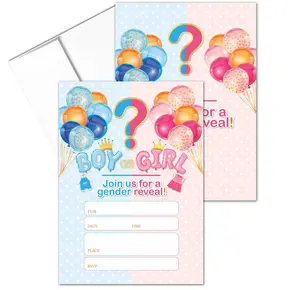 Stonehouse Collection Gender Reveal Party Invitations, Blue and Pink Balloons Design, Boy Or Girl 5x7 inches, Fill in The Blank Style,25 Pack with Envelopes