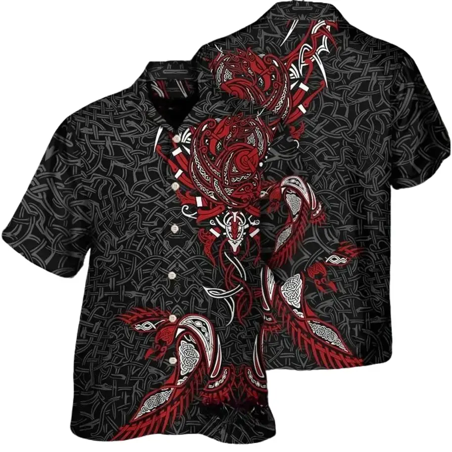 Viking War Raven Hawaiian Shirt Shortsleeve, Viking Shirt Summer Outfits Aloha Tops, Viking Gift Casual Tropical Menswear Top Polyester Baggy Floral