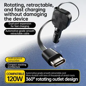 Portable Retractable Car Charger with Fuse, Dual Protection Against Overcurrent and Short Circuit, Charges Two Phones Simultaneously, Fast Charging Solution