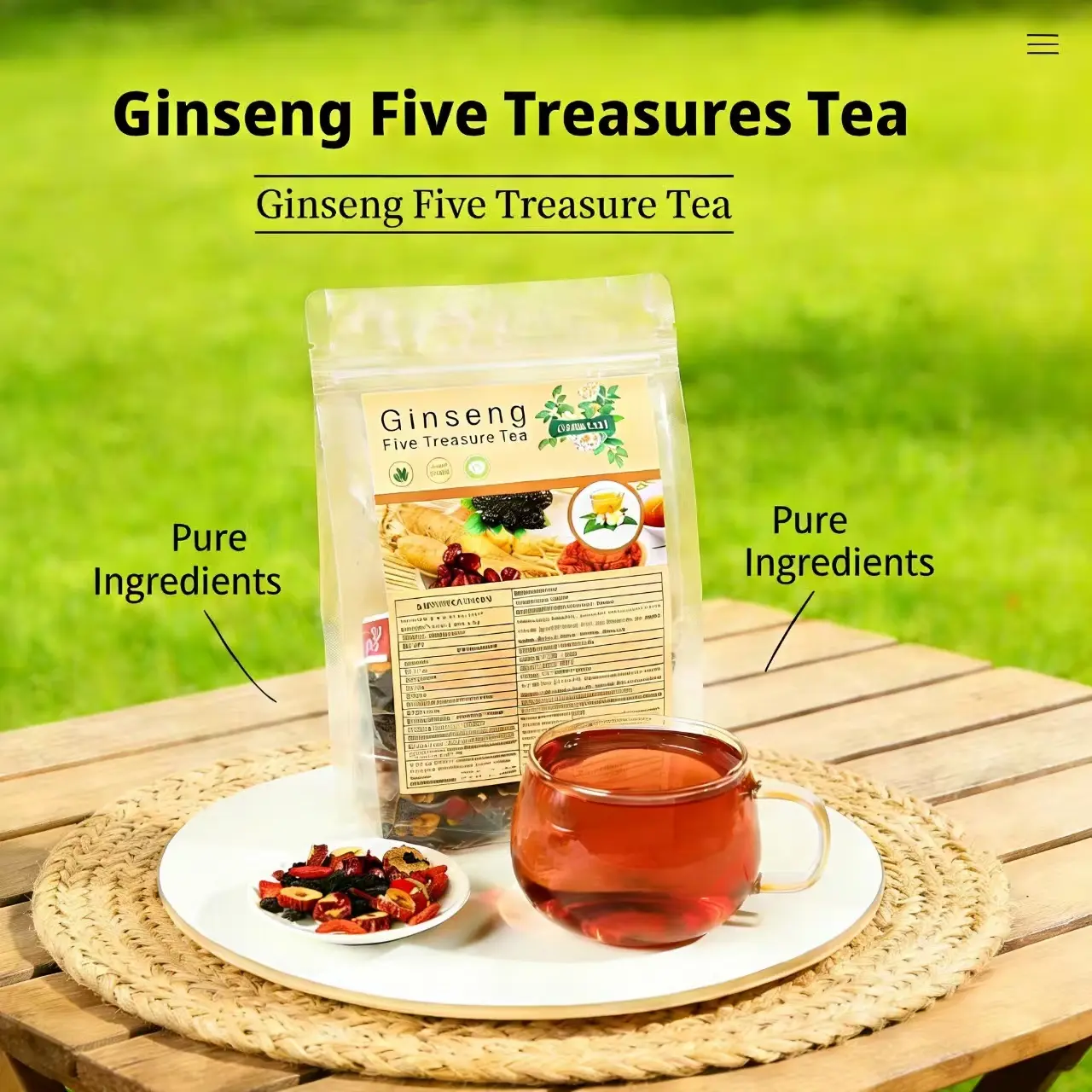 Organic 5-Treasures Herbal Tea Beverage, Ginseng-Polygonatum-Maca-Mulberry-Goji Berries Fruit & Herbal Tea Bags, Gentle Nourishment Without Internal Heat, Energy & Spirit Boost for Work & Life loaded tea
