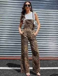 Zhangyan Mother's Day Gifts for Mom Leopard Print Overalls for Women Stretch Denim Loose Fit Bib Coveralls Cheetah Spring Fall Winter Outfits Y2K Fashion Animal Sleeveless Jumpsuits Straight Leg Pants Wife Womenswear Rompers Comfortable Trouser