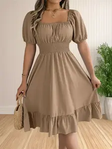 Women's Plain Ruffle Hem Shirred A Line Dress, Casual Fashion Dress, Casual Puff Sleeve Square Neck Knee Length Dress for Summer, Women's Clothing for Daily Wear