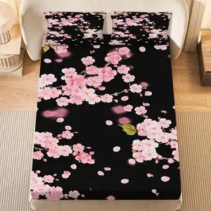 3Pcs Cherry Blossom Floral Elegant Fitted Sheet Three Piece Set (1*Fitted Sheet+2*Pillowcases, Coreless), Spring theme, Soft Breathable Bedding Set, Mattress Protector for Bedroom, Guest Room