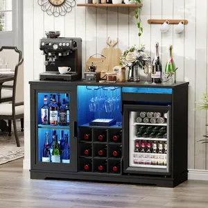 MIIFUNY 47" Coffee Bar Cabinet with Fridge, Liquor Cabinet with LED Lights & Glass Holder, Mini Fridge Cabinet with Wine Storage, Human Body Sensor, Sideboard Buffet Table for Kitchen Dining Room, Black