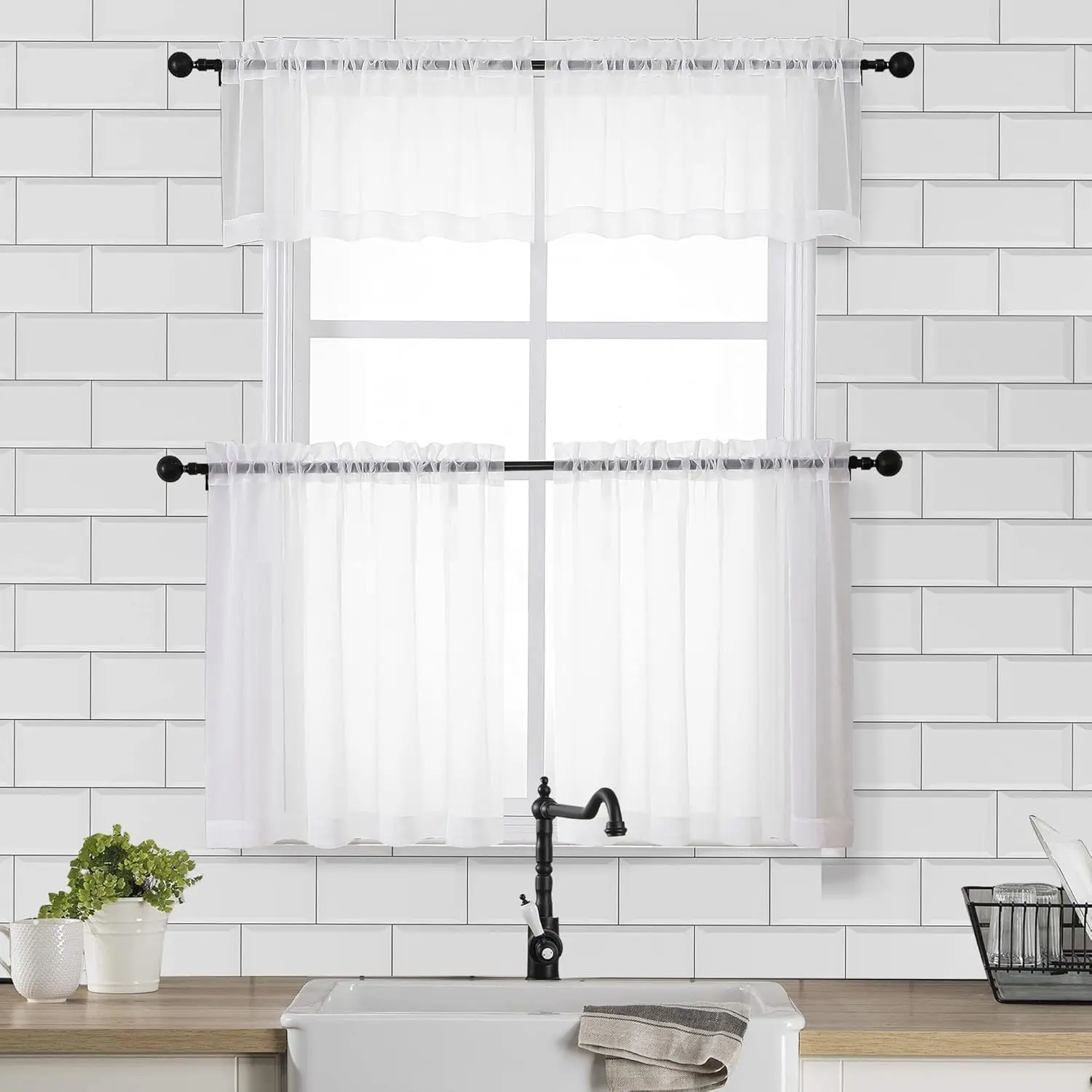 Chyhomenyc Polyester Sheer White Valances 2-Pack, 42W x 14L in Dual Rod Pocket Voile Curtains for Living Room, Bathroom, Modern Small Window Treatments
