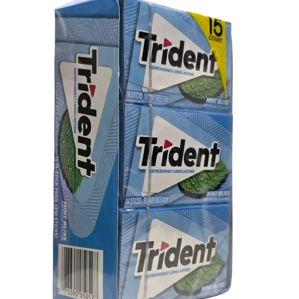 Trident Mint Bliss Sugar-Free Chewing Gum Snack - 15 Packs (14 Individually Wrapped Pieces Each, 210 Total), Low Sugar, Fresh Mint, Xylitol Base, Long-Lasting Flavor, Phenylalanine Included, Suitable for Most Ages
