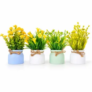 4pcs Autumn Artificial Flower Pots, Living Room Table Decor, Never Wilt, No Maintenance, Festival Decoration, Plastic Vases, Desktop Arrangement