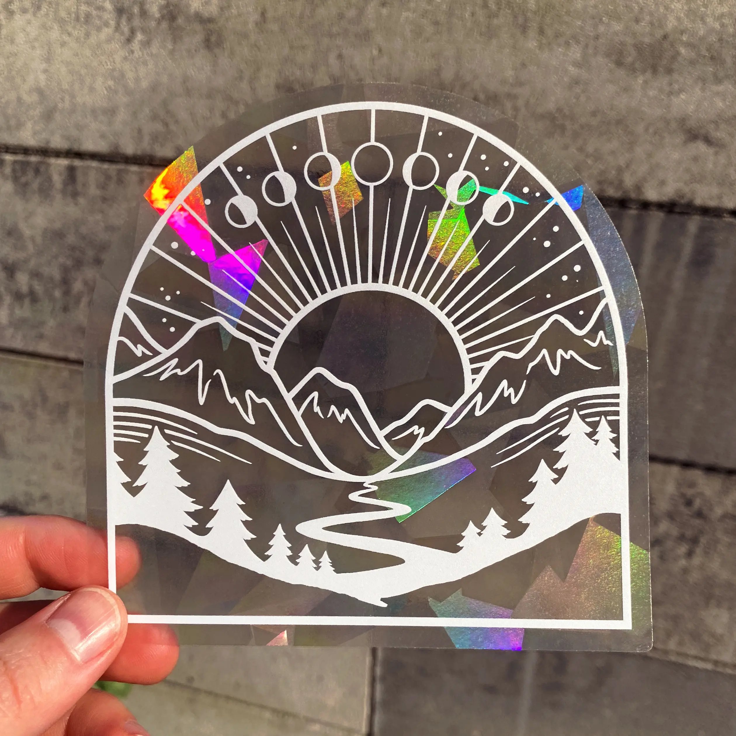 Sun catcher - Mountain Sun - Decal, Window Sticker - Rainbow Prisms - Nature, Hiking, Outdoors, Boho - Durable and Reposition-able - House Decorations, Easy to Remove