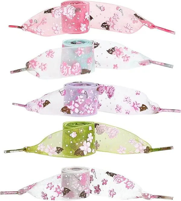 5 Pairs Satin Ribbon Shoe Laces, 2.7cm Wide Printing Flat Snow Yarn Shoelaces Colorful Shoe Ties Shoestrings for Women Girls