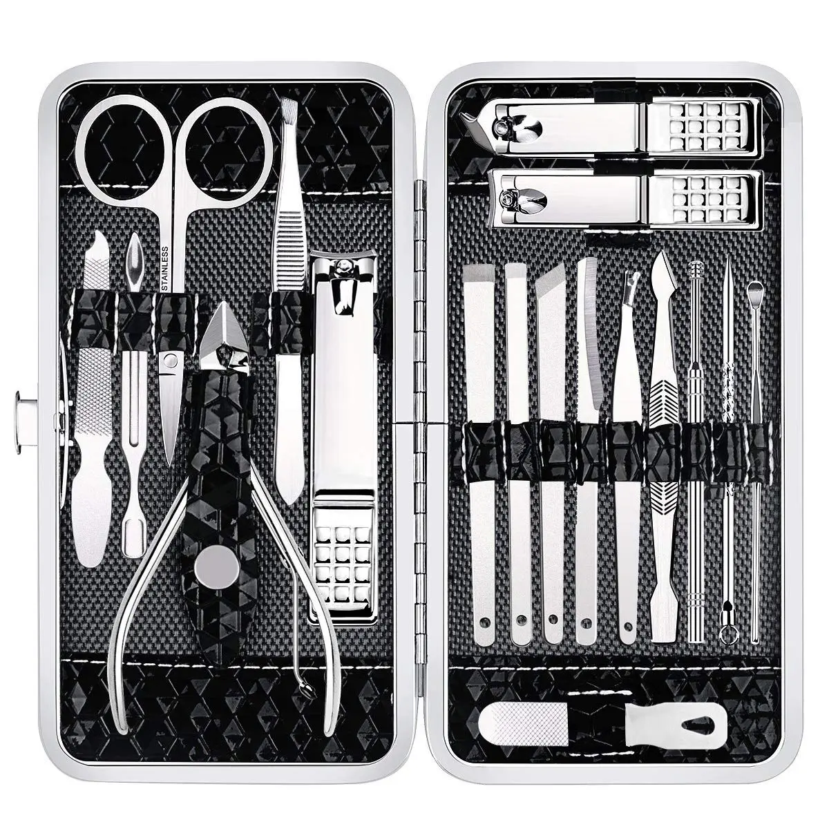 18-Piece Stainless Steel Manicure and Pedicure Tools Set for Adults, 200g Travel Size Nails Care Kit with Fingernail & Toenail Cutters and Luxurious Travel Case