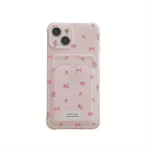 Clear Floral Card Holder Phone Case for iPhone 16 15 Pro Max, 14 Plus, 13, 12, 11 Pro Max Plus- Durable Soft TPU Bumper Cover with Card Slot- Clear Cellphone Smartphone Protection Protective
