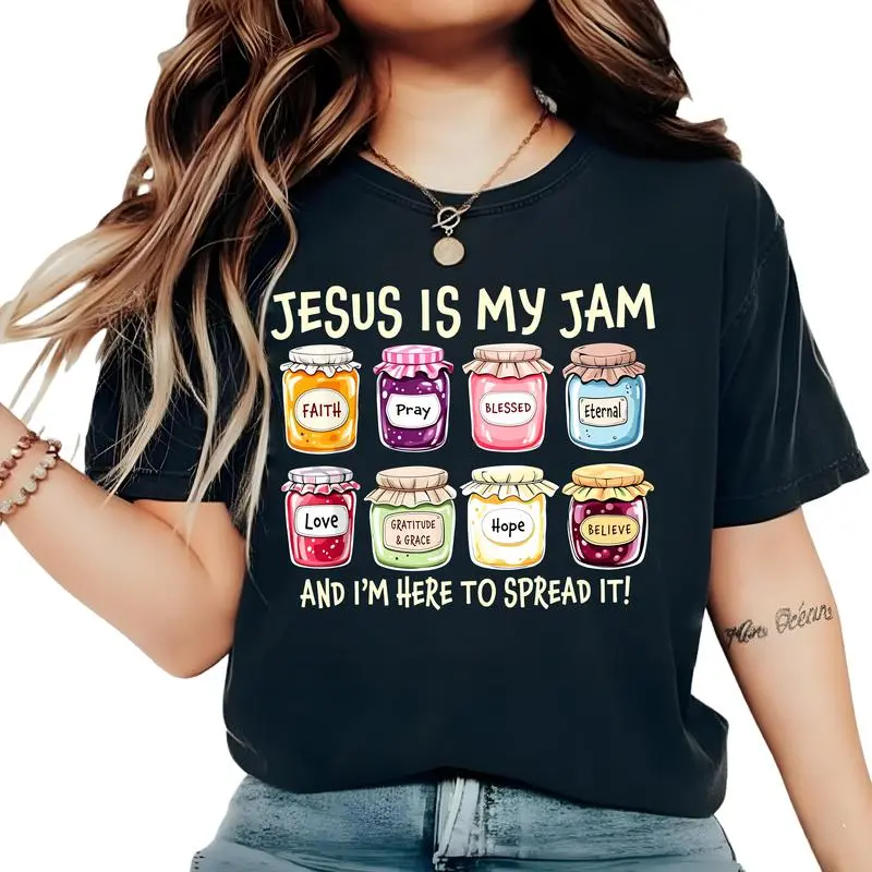 Women's Short-Sleeve Cotton Round Neck Comfortable Relaxed Fit Graphic T-Shirt - "Jesus Is My Jam" Funny Unique Christian Message Top, Christian Gift for Moms, Shortsleeve, Everyday, Casual